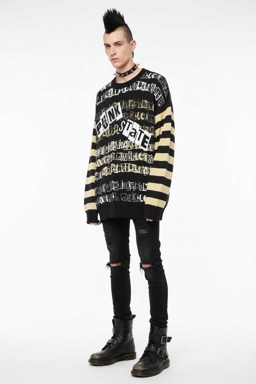 DARK URCHIN 'PUNK STATE' MENACE Unisex Relaxed fit knitted crew neck sweater.