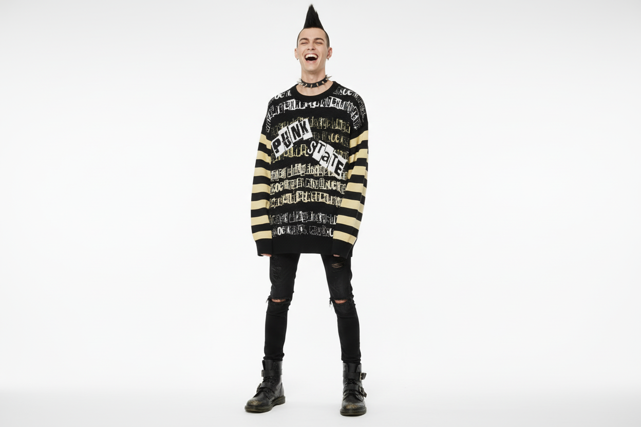 DARK URCHIN 'PUNK STATE' MENACE Unisex Relaxed fit knitted crew neck sweater.