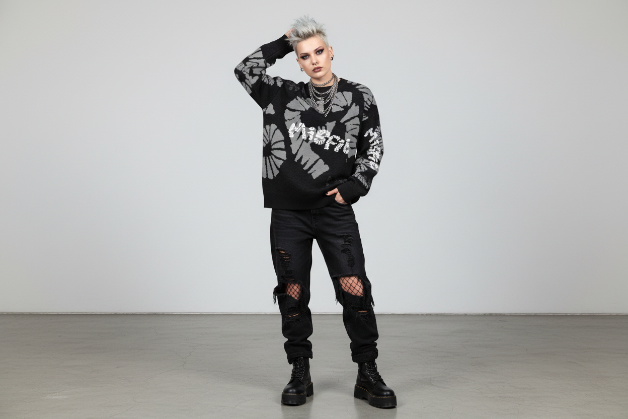 DARK URCHIN 'MISFIT' Unisex Relaxed fit knitted crew neck sweater. 4 Size Options.