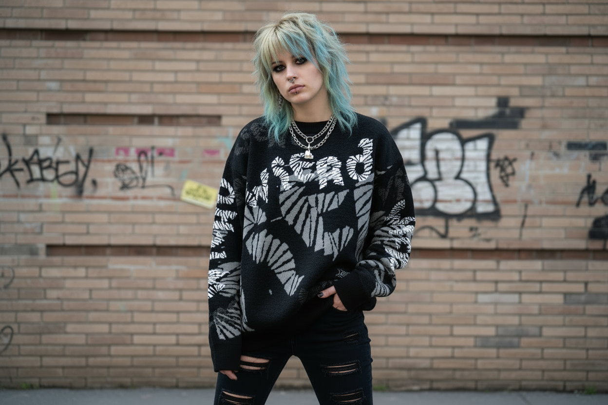 DARK URCHIN 'WiERD WiERD' Relaxed fit knitted crew neck sweater. XL