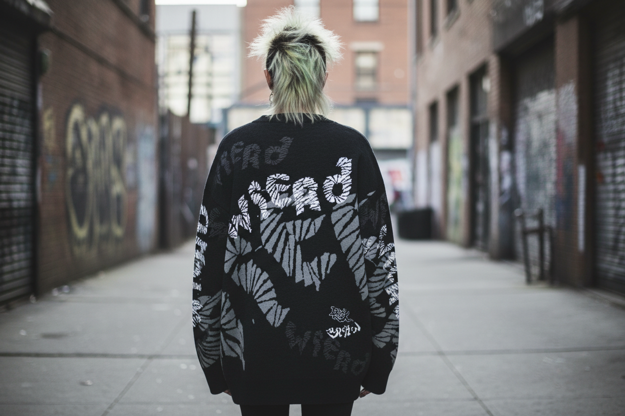 DARK URCHIN 'WiERD WiERD' Relaxed fit knitted crew neck sweater. XL