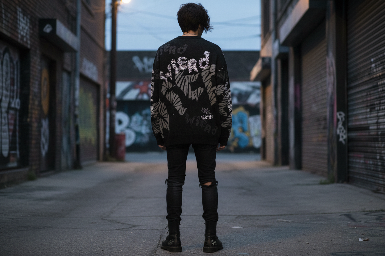 DARK URCHIN 'WiERD WiERD' Relaxed fit knitted crew neck sweater. XL
