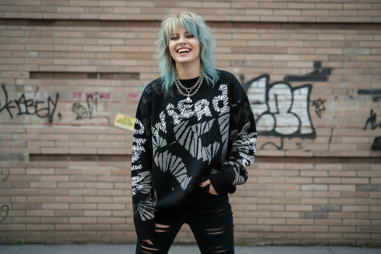 DARK URCHIN 'WiERD WiERD' Relaxed fit knitted crew neck sweater. XL