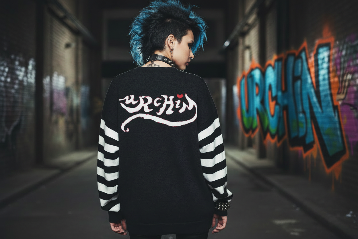 DARK URCHIN 'U STAR' MENACE Relaxed fit knitted crew neck sweater. White Star. XL