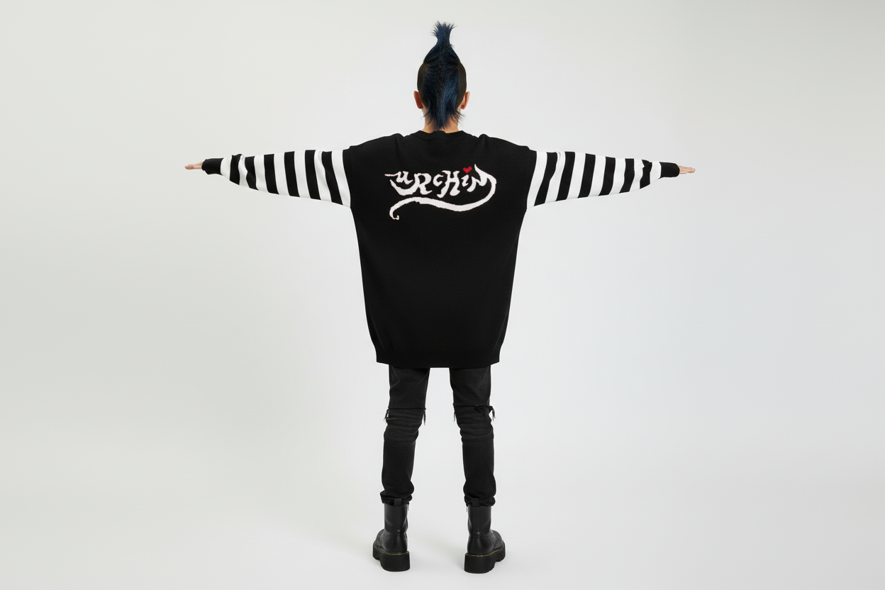 DARK URCHIN 'U STAR' MENACE Relaxed fit knitted crew neck sweater. White Star. XL