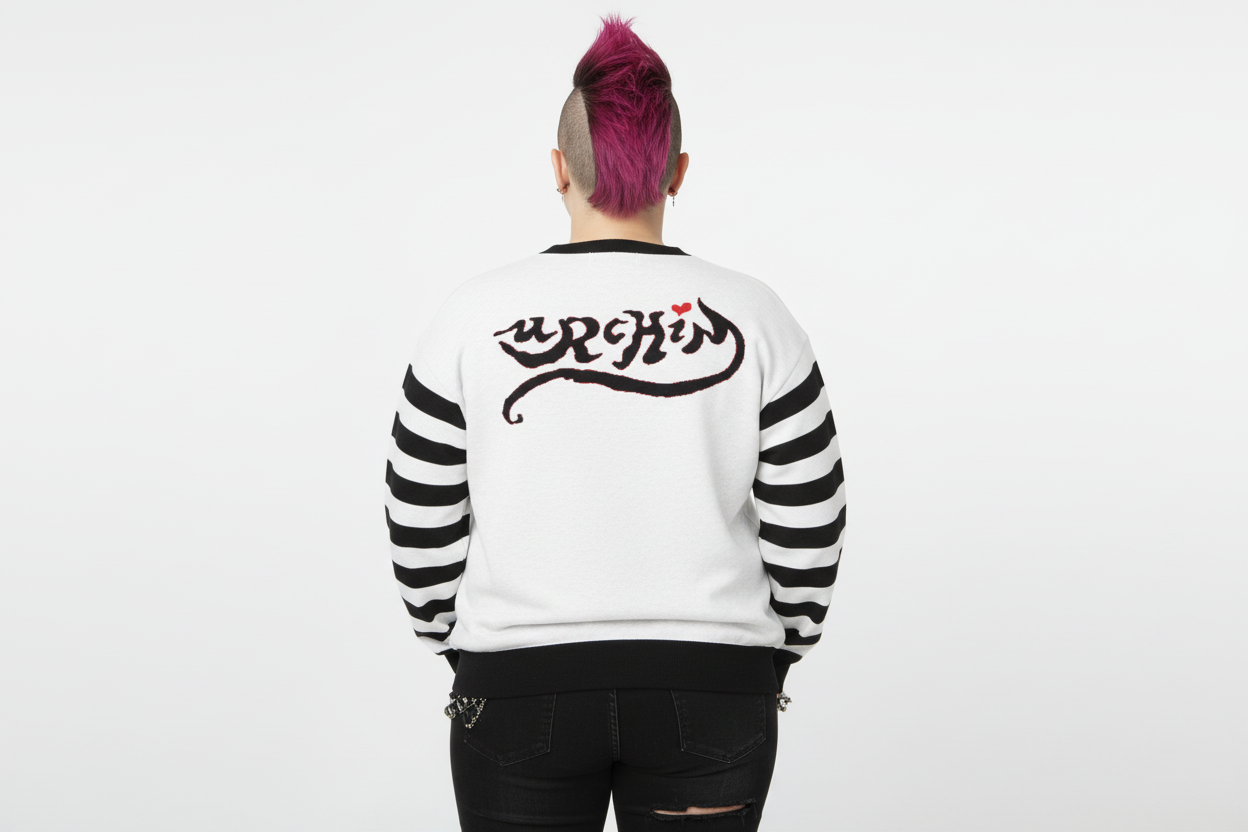 DARK URCHIN 'LOVE U' MENACE Relaxed fit knitted crew neck sweater. Black Heart. XL