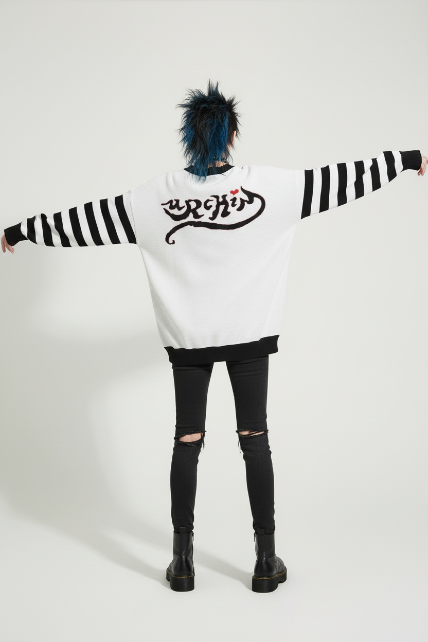 DARK URCHIN 'LOVE U' MENACE Relaxed fit knitted crew neck sweater. Black Heart. XL
