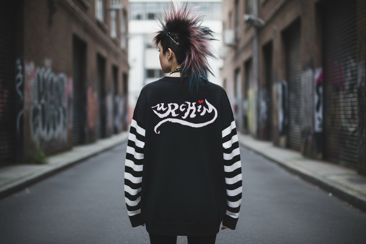DARK URCHIN 'LOVE U' MENACE Relaxed fit knitted crew neck sweater. White Heart. XL