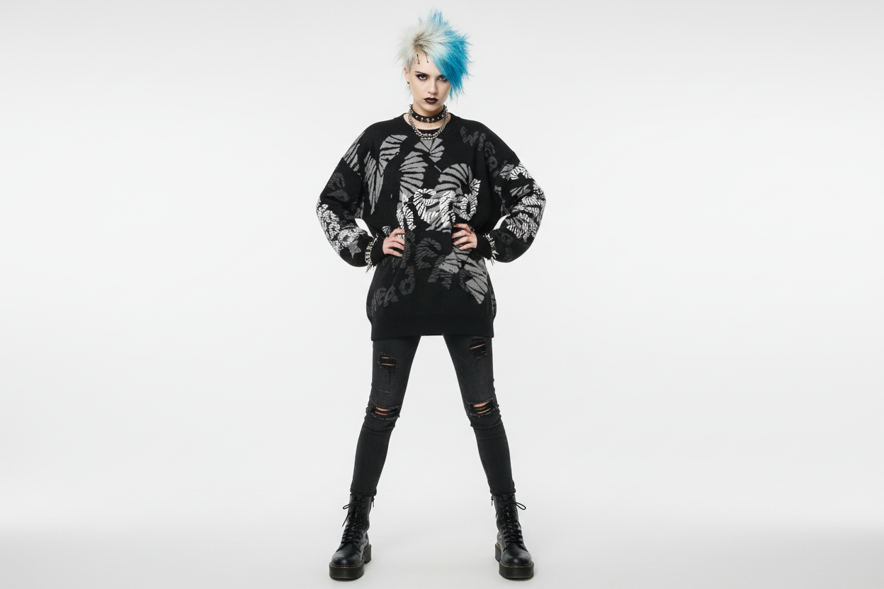 DARK URCHIN 'WiERD WiERD' Relaxed fit knitted crew neck sweater. XL
