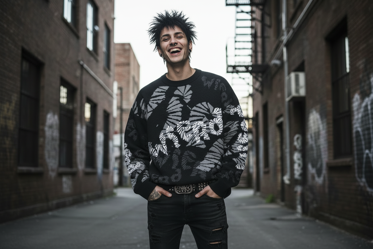 DARK URCHIN 'WiERD WiERD' Relaxed fit knitted crew neck sweater. XL
