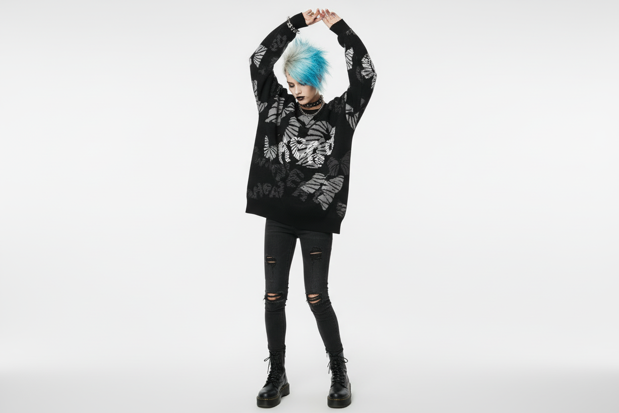 DARK URCHIN 'WiERD WiERD' Relaxed fit knitted crew neck sweater. XL