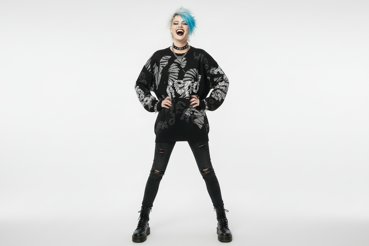 DARK URCHIN 'WiERD WiERD' Relaxed fit knitted crew neck sweater. XL