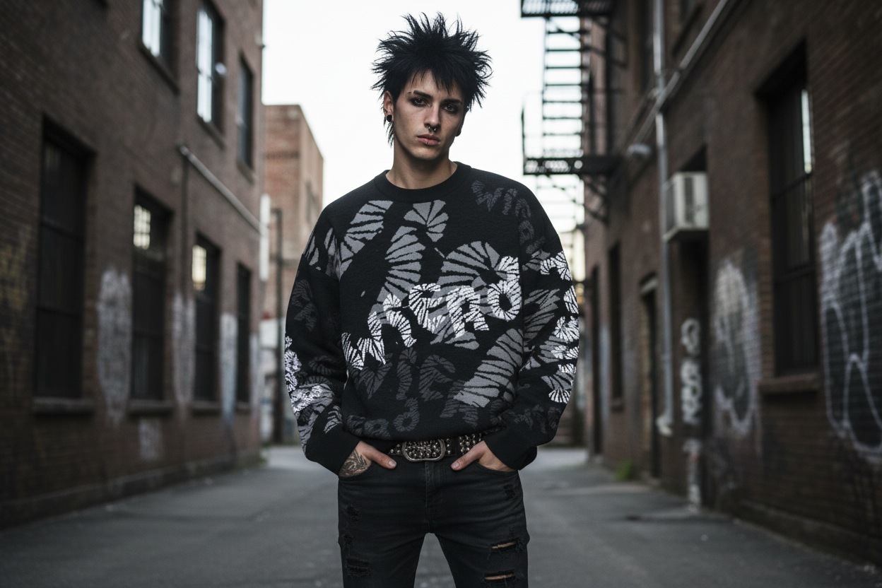 DARK URCHIN 'WiERD WiERD' Relaxed fit knitted crew neck sweater. XL