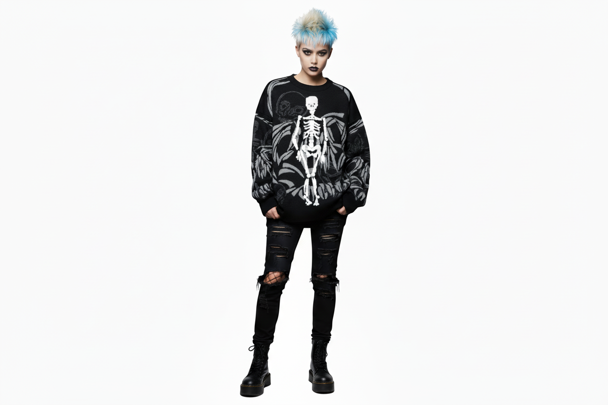 DARK URCHIN 'SKULLINGTON' Relaxed fit knitted crew neck sweater. XL