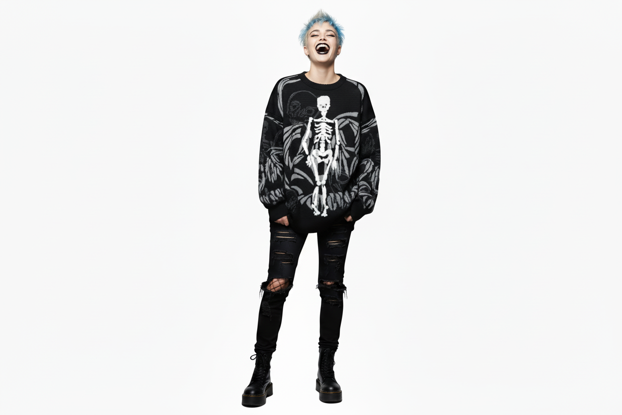 DARK URCHIN 'SKULLINGTON' Relaxed fit knitted crew neck sweater. XL