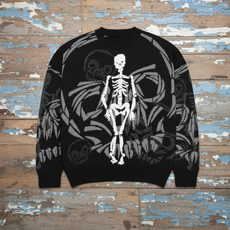 DARK URCHIN 'SKULLINGTON' Relaxed fit knitted crew neck sweater. XL