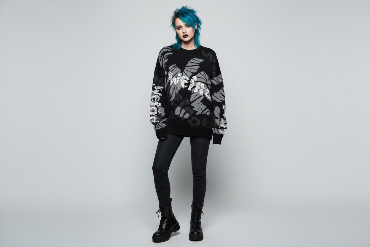 DARK URCHIN 'WEiRD WEiRD' Relaxed fit knitted crew neck sweater. XL