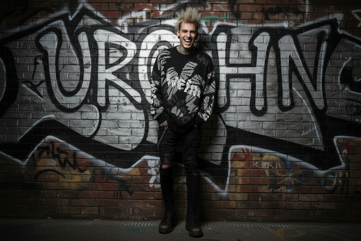DARK URCHIN 'WEiRD WEiRD' Relaxed fit knitted crew neck sweater. XL