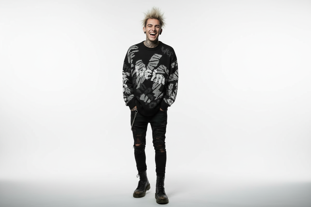 DARK URCHIN 'WEiRD WEiRD' Relaxed fit knitted crew neck sweater. XL