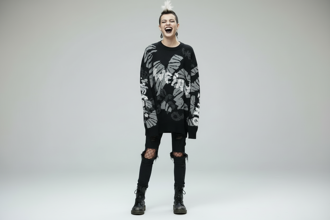 DARK URCHIN 'WEiRD WEiRD' Relaxed fit knitted crew neck sweater. XL