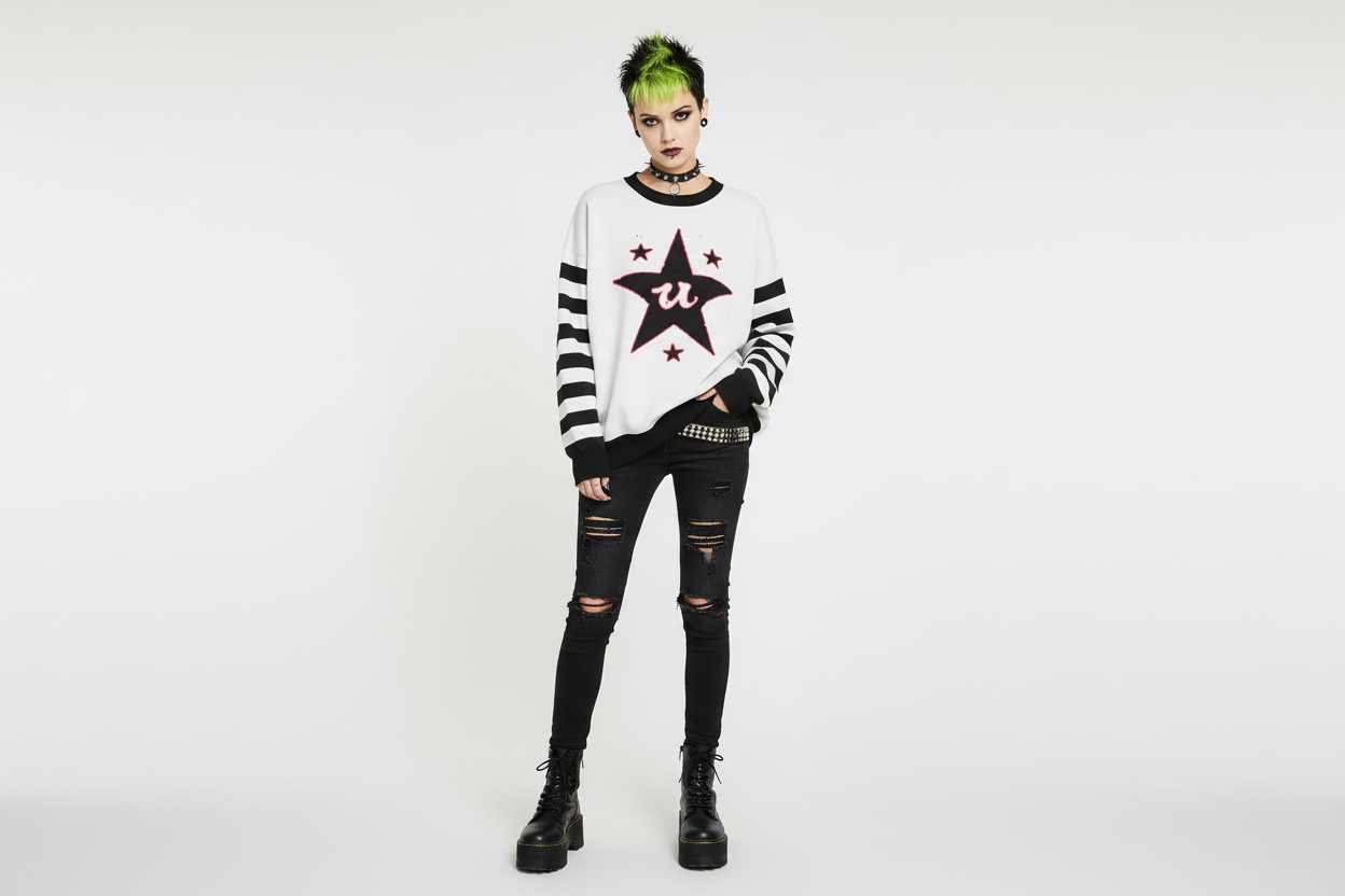 DARK URCHIN 'U STAR' MENACE Unisex Relaxed fit knitted crew neck sweater. Black Star.