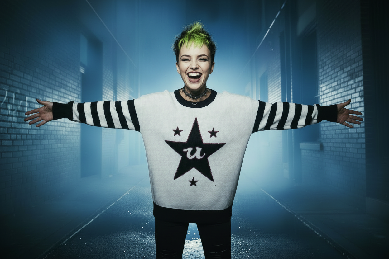 DARK URCHIN 'U STAR' MENACE Unisex Relaxed fit knitted crew neck sweater. Black Star.