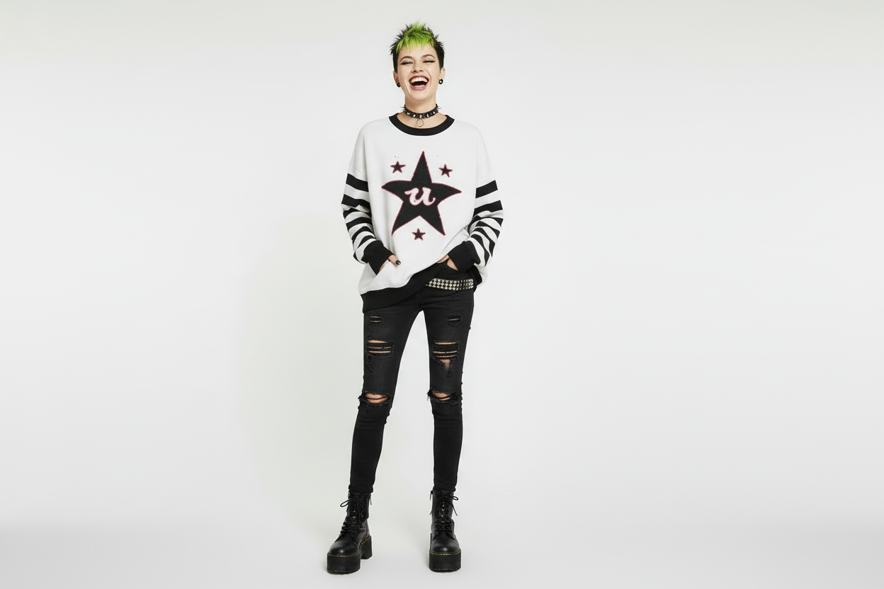 DARK URCHIN 'U STAR' MENACE Unisex Relaxed fit knitted crew neck sweater. Black Star.