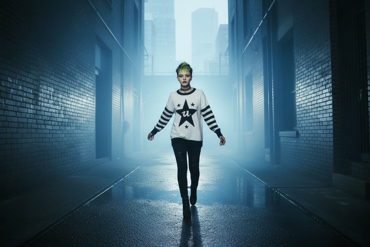 DARK URCHIN 'U STAR' MENACE Unisex Relaxed fit knitted crew neck sweater. Black Star.