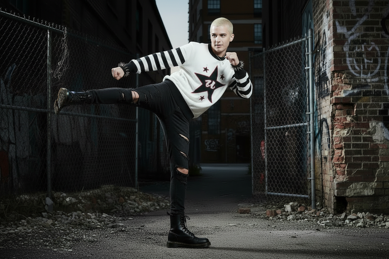 DARK URCHIN 'U STAR' MENACE Unisex Relaxed fit knitted crew neck sweater. Black Star.