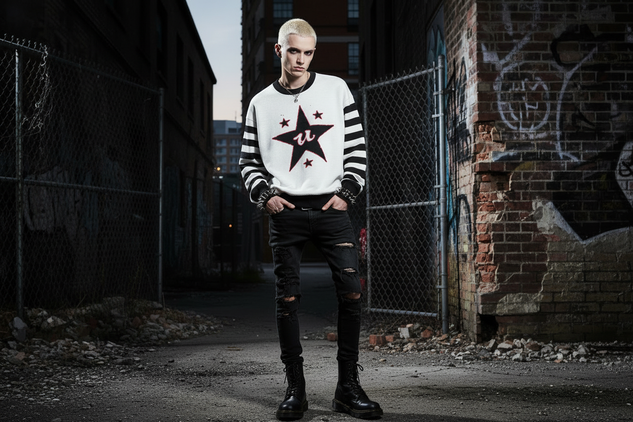 DARK URCHIN 'U STAR' MENACE Unisex Relaxed fit knitted crew neck sweater. Black Star.
