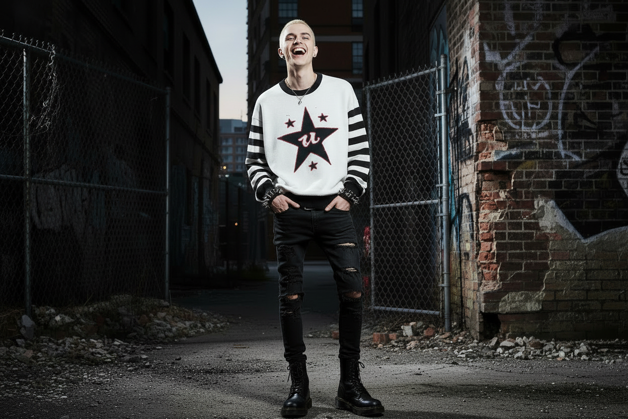 DARK URCHIN 'U STAR' MENACE Unisex Relaxed fit knitted crew neck sweater. Black Star.