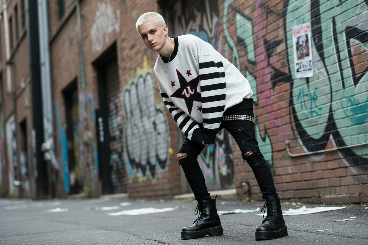 DARK URCHIN 'U STAR' MENACE Unisex Relaxed fit knitted crew neck sweater. Black Star.