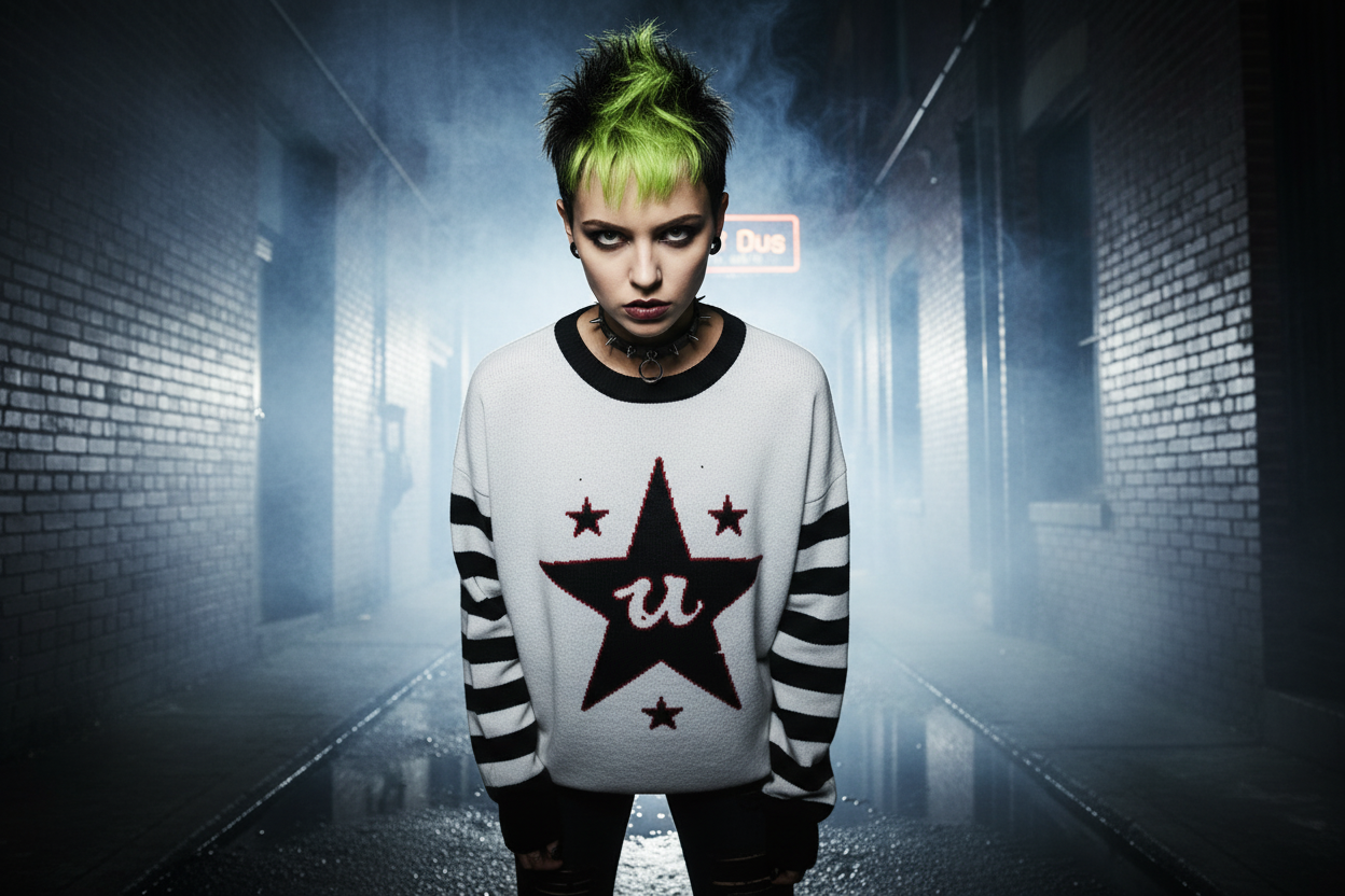 DARK URCHIN 'U STAR' MENACE Unisex Relaxed fit knitted crew neck sweater. Black Star.