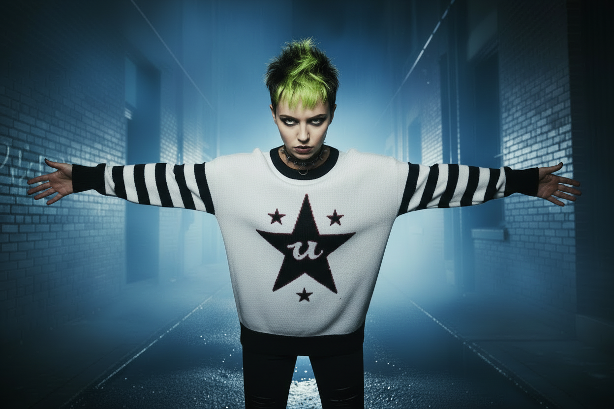 DARK URCHIN 'U STAR' MENACE Unisex Relaxed fit knitted crew neck sweater. Black Star.