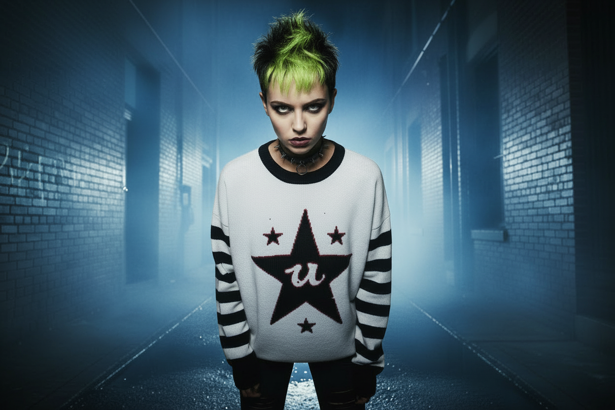 DARK URCHIN 'U STAR' MENACE Unisex Relaxed fit knitted crew neck sweater. Black Star.