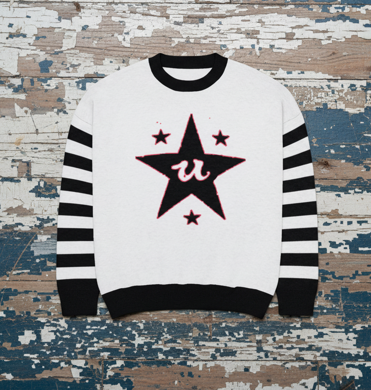 DARK URCHIN 'U STAR' MENACE Unisex Relaxed fit knitted crew neck sweater. Black Star.