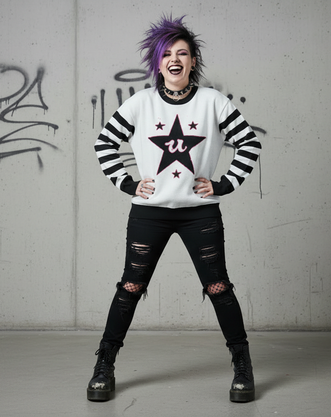 DARK URCHIN 'U STAR' MENACE Unisex Relaxed fit knitted crew neck sweater. Black Star.