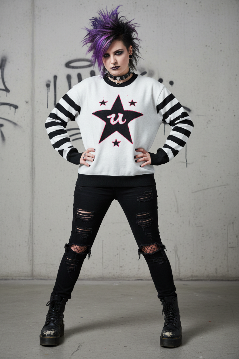 DARK URCHIN 'U STAR' MENACE Unisex Relaxed fit knitted crew neck sweater. Black Star.