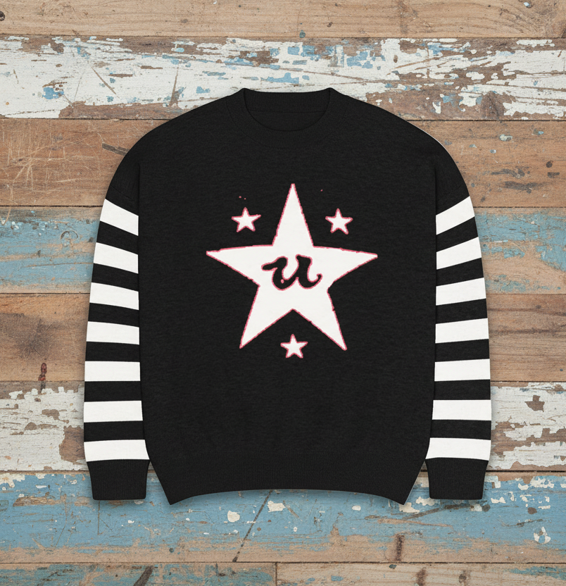 DARK URCHIN 'U STAR' MENACE Relaxed fit knitted crew neck sweater. White Star. XL