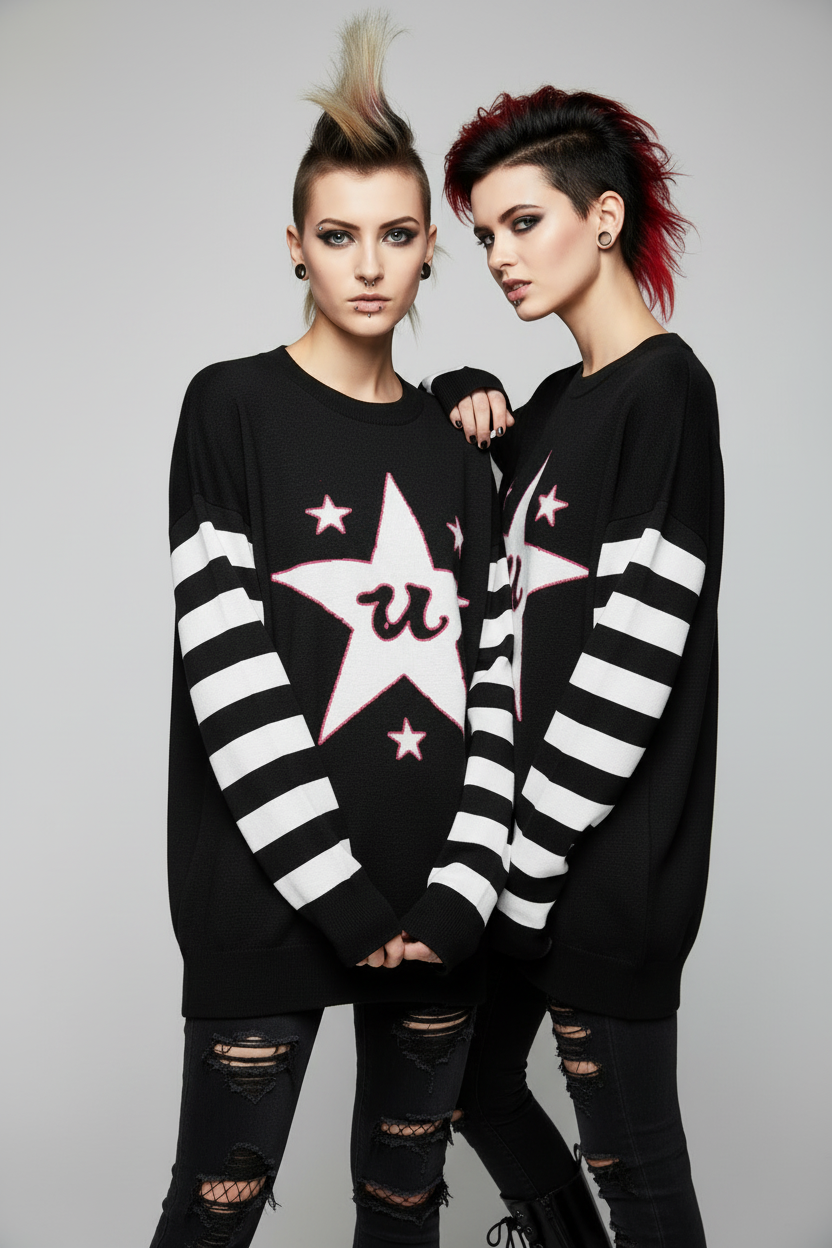 DARK URCHIN 'U STAR' MENACE Relaxed fit knitted crew neck sweater. White Star. XL