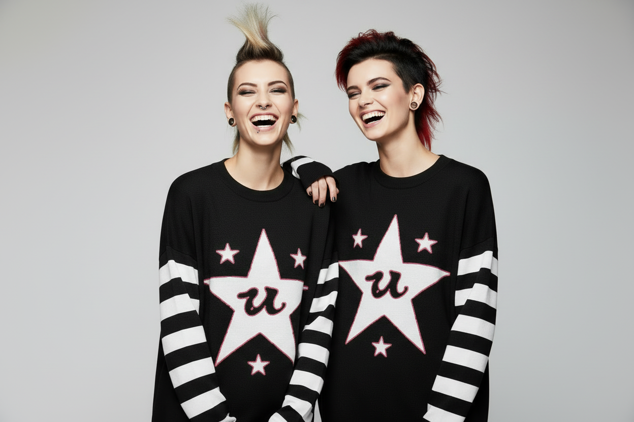 DARK URCHIN 'U STAR' MENACE Relaxed fit knitted crew neck sweater. White Star. XL