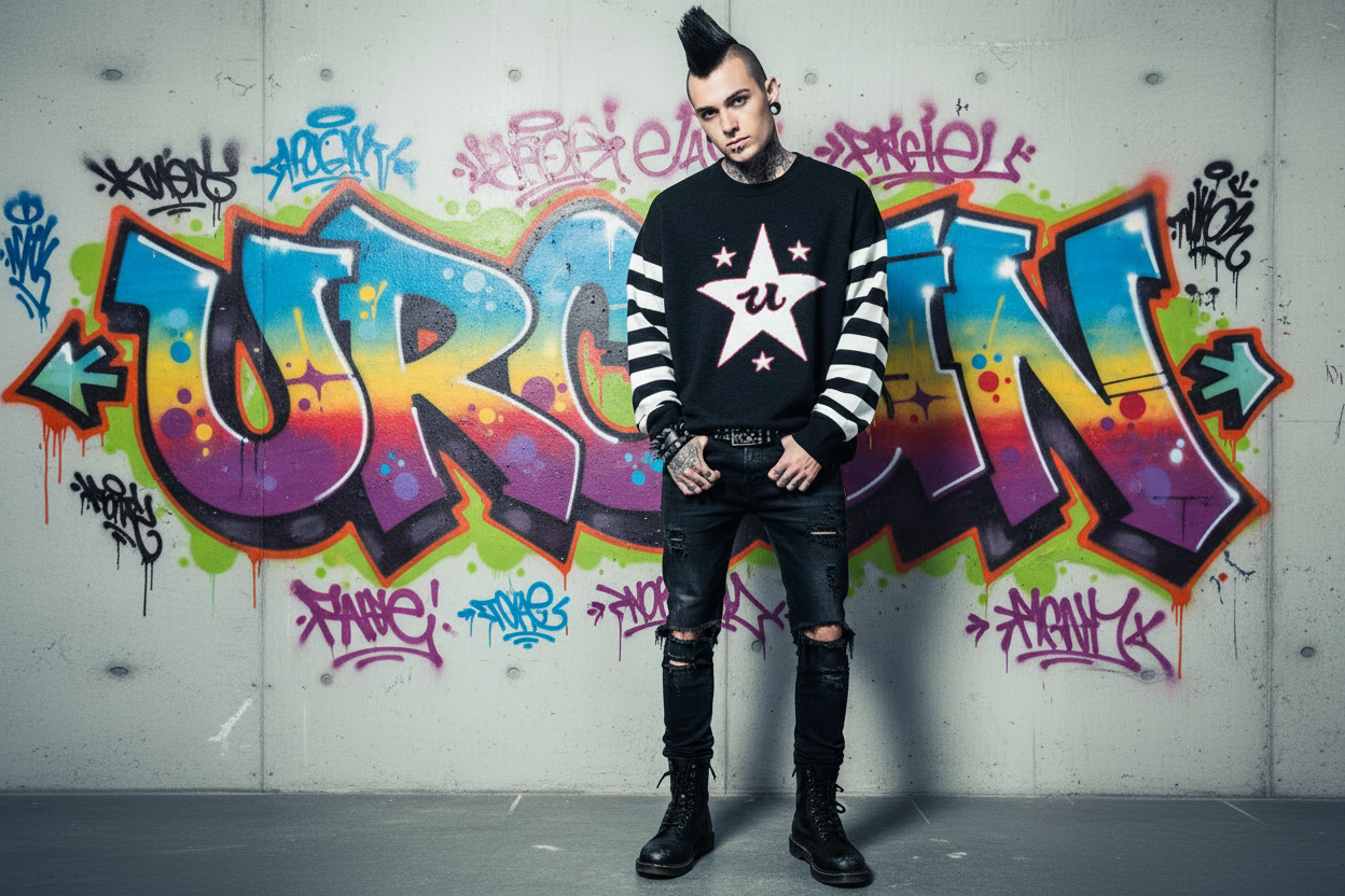 DARK URCHIN 'U STAR' MENACE Relaxed fit knitted crew neck sweater. White Star. XL