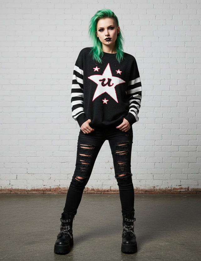 DARK URCHIN 'U STAR' MENACE Relaxed fit knitted crew neck sweater. White Star. XL