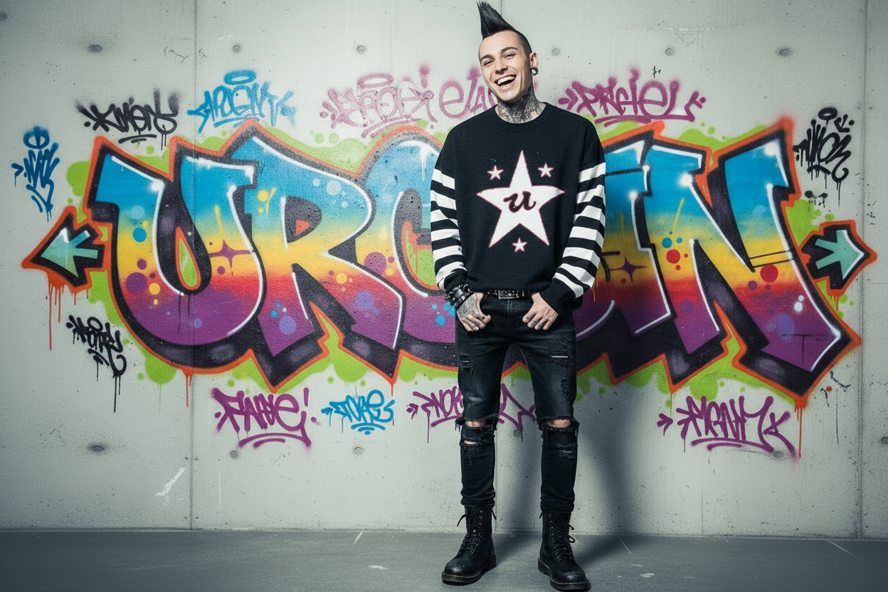 DARK URCHIN 'U STAR' MENACE Relaxed fit knitted crew neck sweater. White Star. XL
