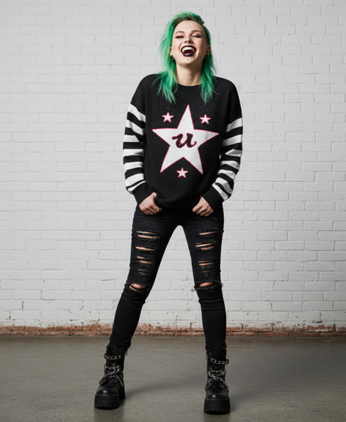 DARK URCHIN 'U STAR' MENACE Relaxed fit knitted crew neck sweater. White Star. XL