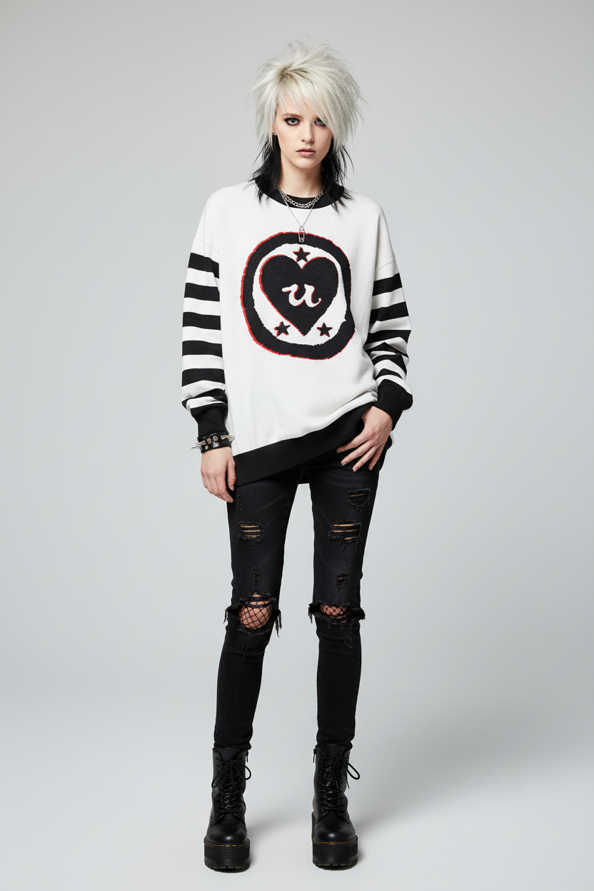 DARK URCHIN 'LOVE U' MENACE Relaxed fit knitted crew neck sweater. Black Heart. XL