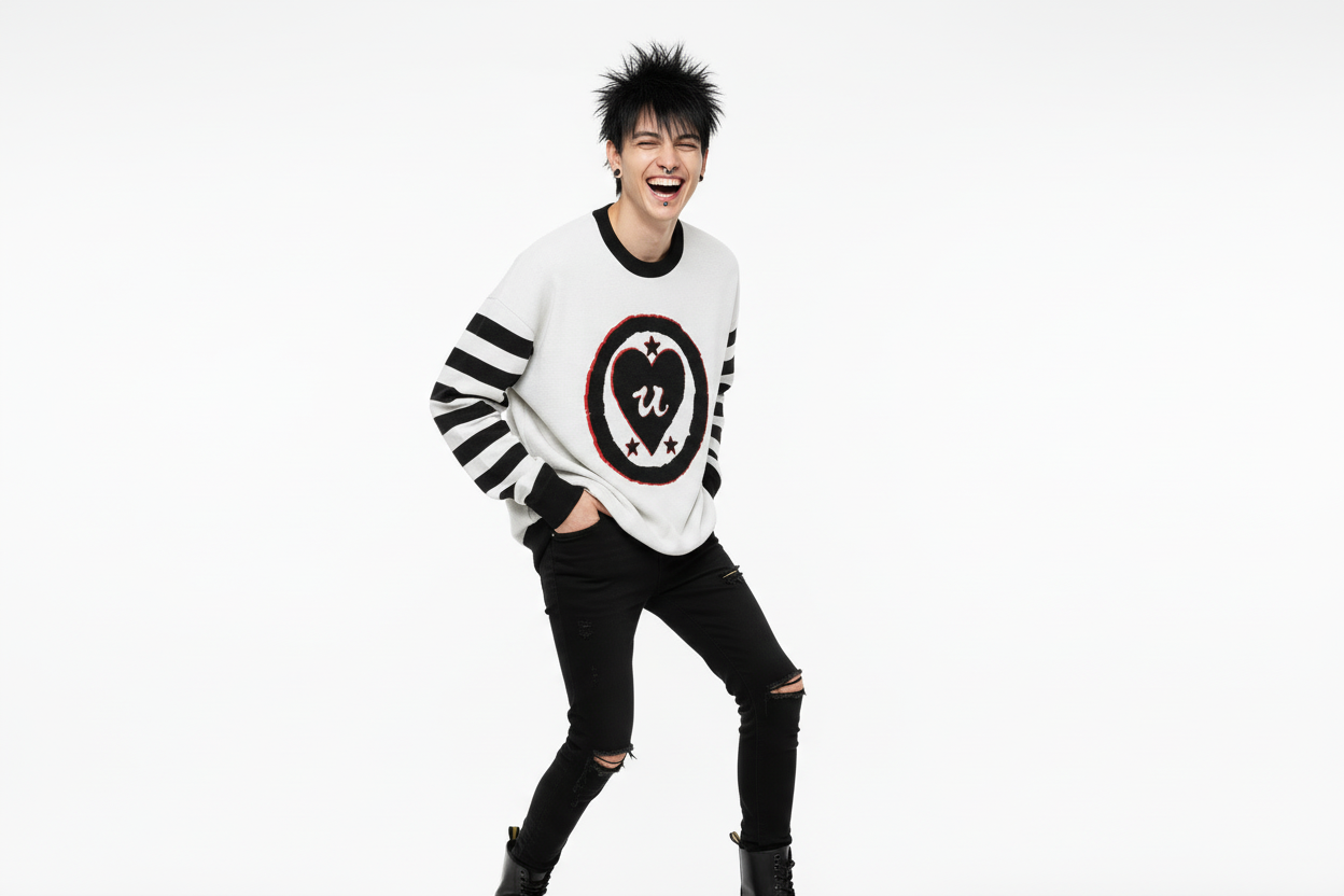 DARK URCHIN 'LOVE U' MENACE Relaxed fit knitted crew neck sweater. Black Heart. XL