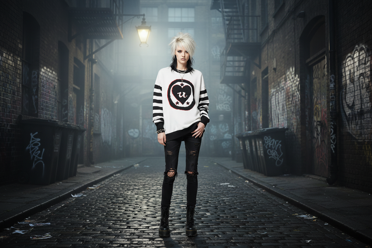 DARK URCHIN 'LOVE U' MENACE Relaxed fit knitted crew neck sweater. Black Heart. XL