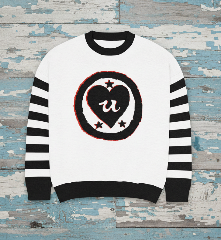 DARK URCHIN 'LOVE U' MENACE Relaxed fit knitted crew neck sweater. Black Heart. XL