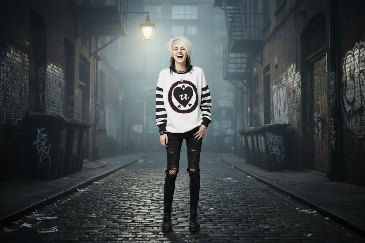 DARK URCHIN 'LOVE U' MENACE Relaxed fit knitted crew neck sweater. Black Heart. XL
